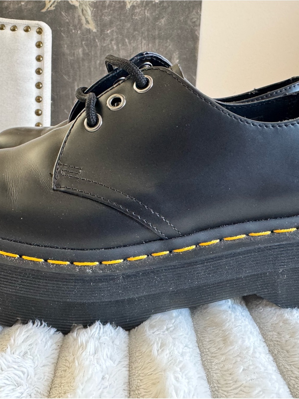 Dr. Martens Black Platform Lace-Up Boots with Yellow Stitching - Picture 3 of 7